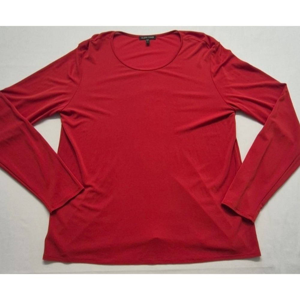 Eileen Fisher women's ORANGE 100% silk pullover long sleeve top LG round neck